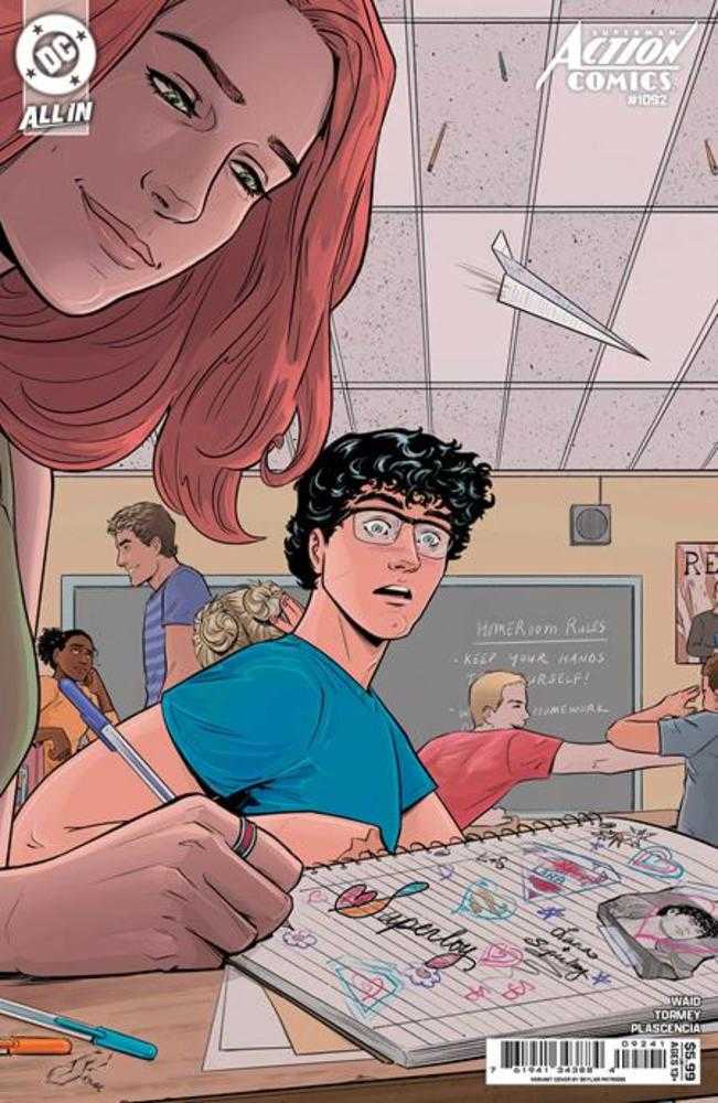 Comic book cover with a character in a classroom setting