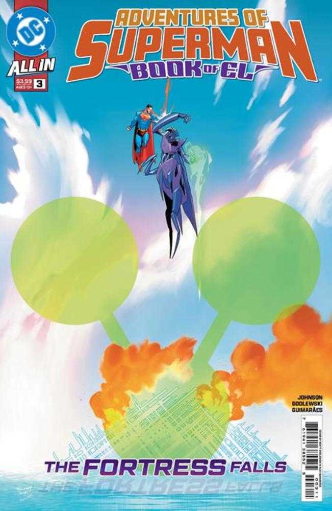 Comic book cover of 'Adventures of Superman Book of El' with Superman and a character flying over balloons and smoke.