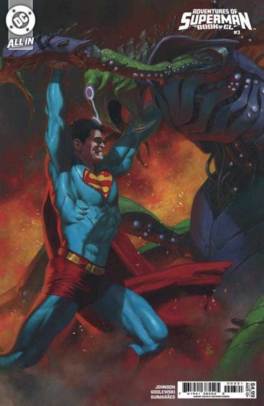 Superman in a dynamic pose with a creature, from 'Adventures of Superman' comic book cover.