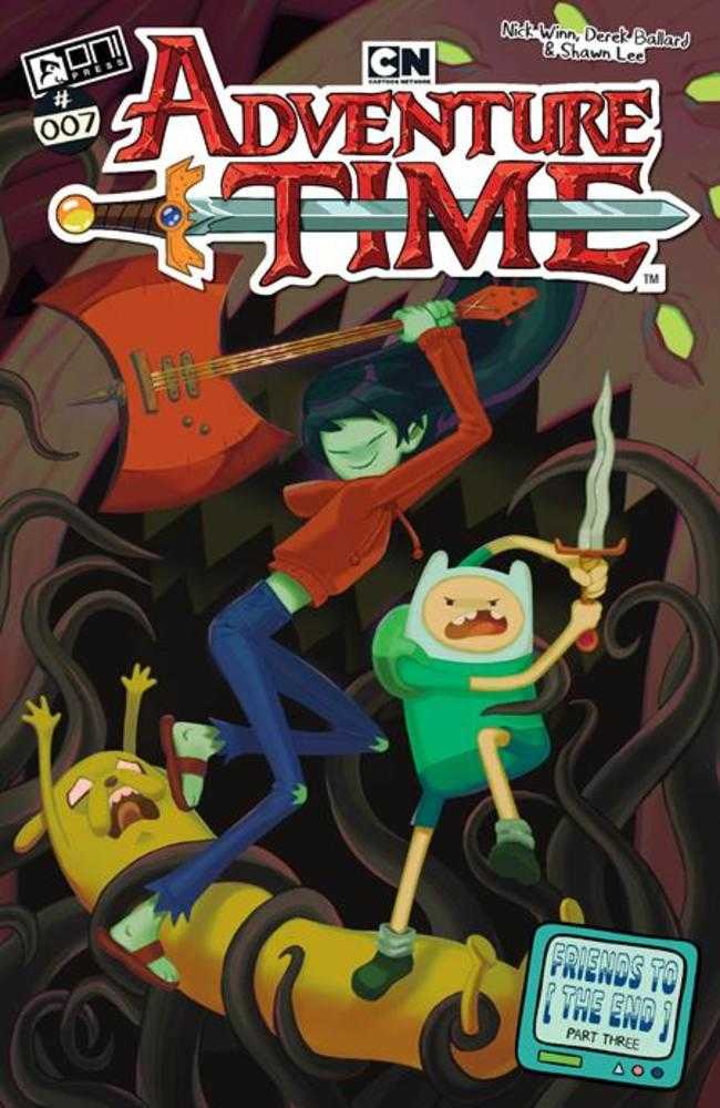 Cover of 'Adventure Time' with characters holding weapons and a text box.