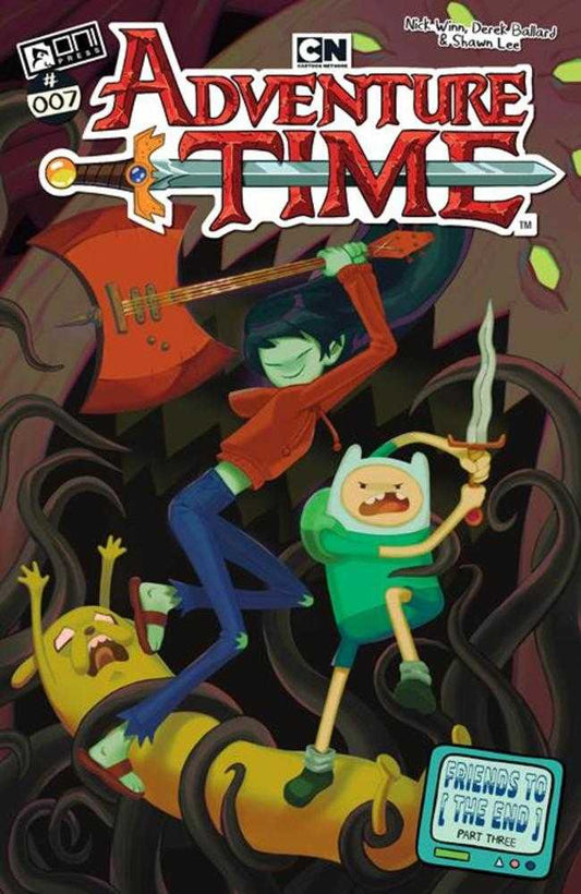 Cover of 'Adventure Time' with characters holding weapons and a text box.