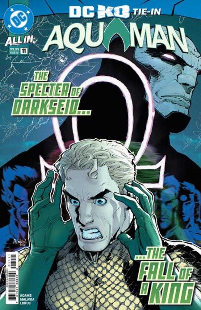 Comic book cover featuring Aquaman with a dark background and text