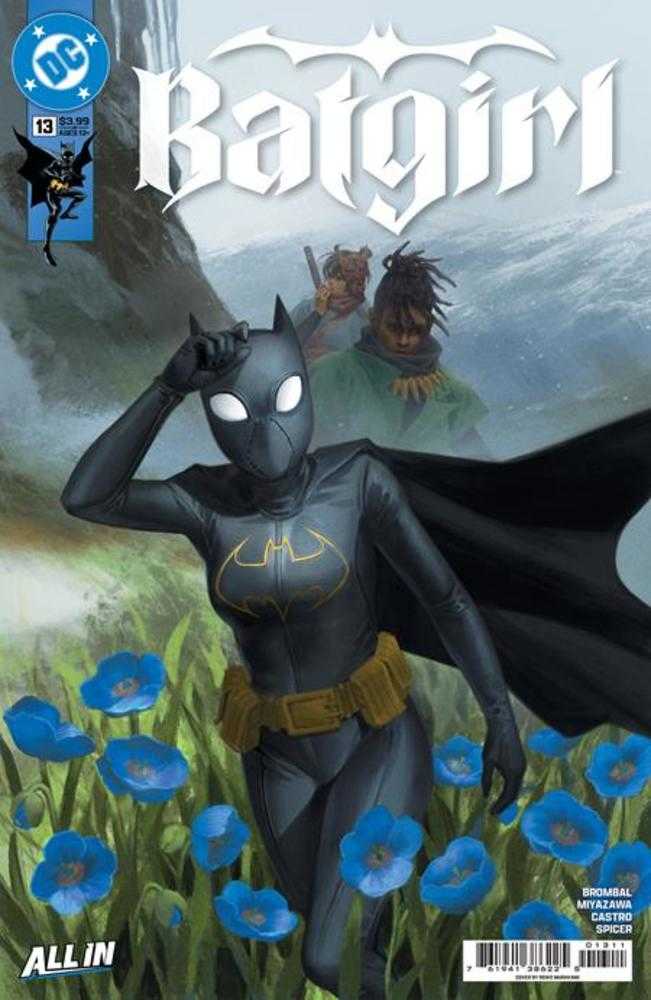 Comic book cover featuring a character in a black costume with a yellow logo, standing in a field of blue flowers.