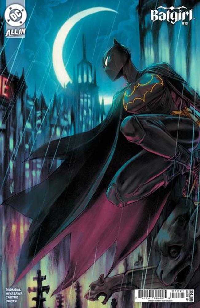 Comic book cover featuring a superhero in a dark cape with a moonlit cityscape.