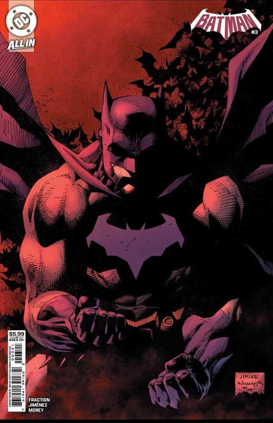 Comic book cover featuring a dark figure in a cape with a bat emblem, set against a red and black background.