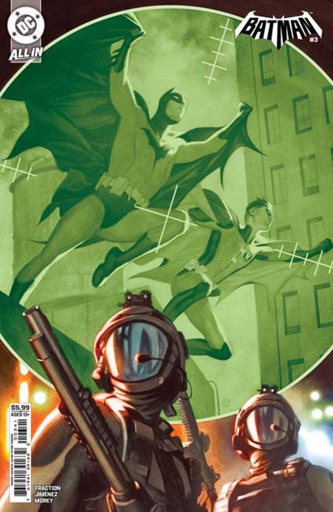 Comic book cover featuring a superhero and two characters in gas masks with a green tint.
