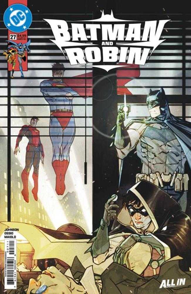 Comic book cover featuring Batman and Robin with a superhero in the background.
