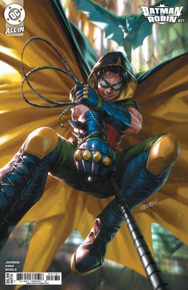 Comic book cover featuring a superhero in a dynamic pose with a yellow cape.