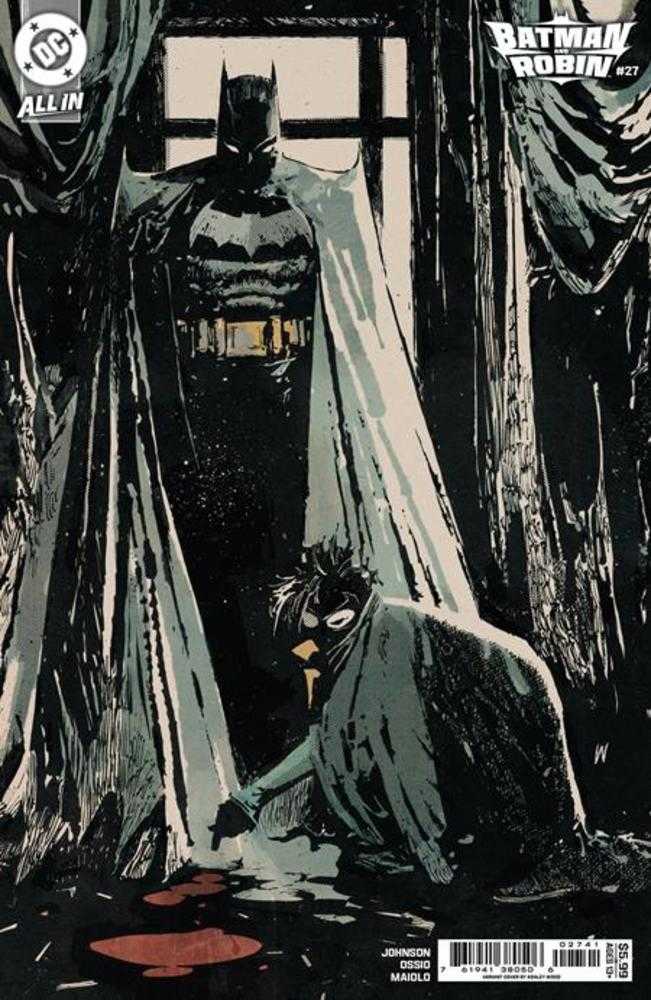 Comic book cover featuring Batman and Robin in a dramatic pose with curtains in the background.