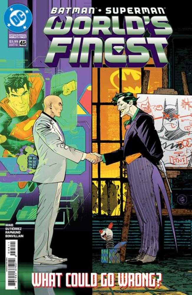 Comic book cover featuring two characters shaking hands with colorful background and 'World's Finest' title.