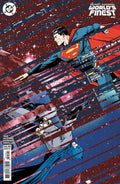 Superman flying through a stylized cityscape with a red and blue color scheme.