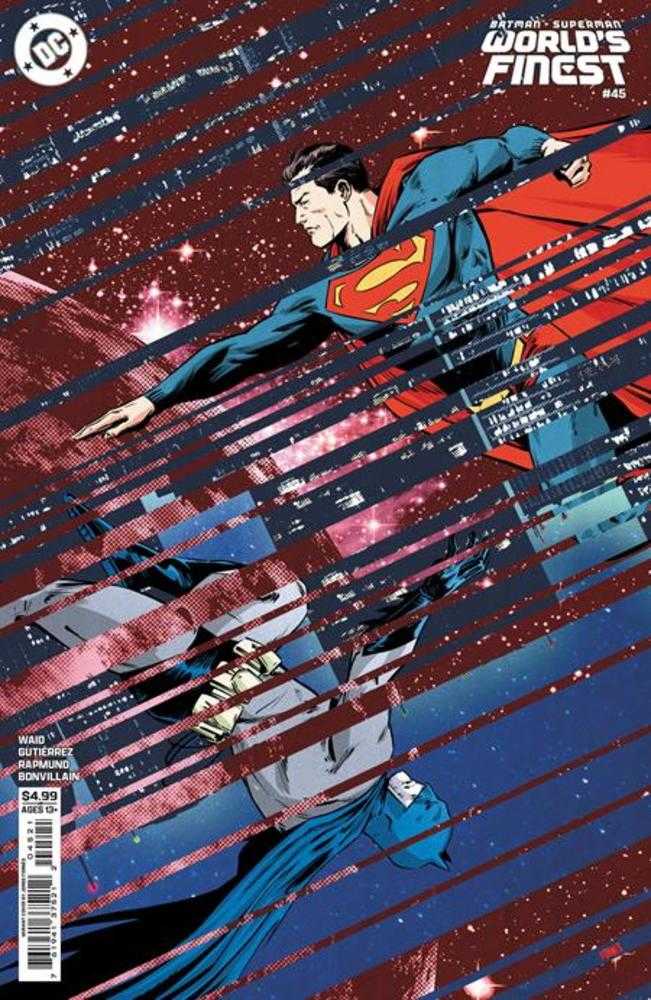Superman flying through a stylized cityscape with a red and blue color scheme.