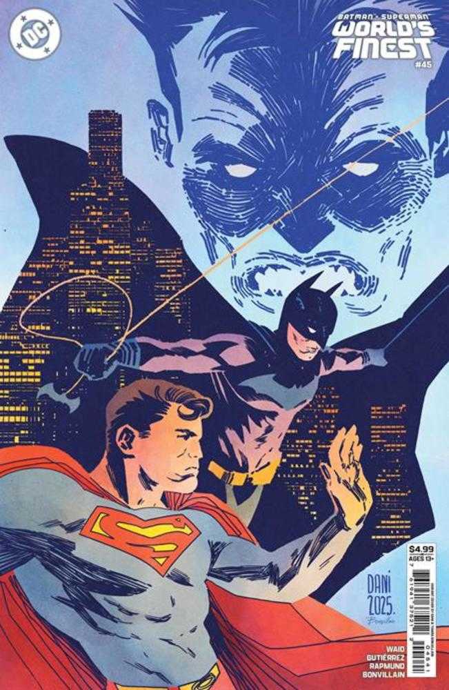Comic book cover featuring Superman and Batman flying over a cityscape with a large superhero logo in the background.