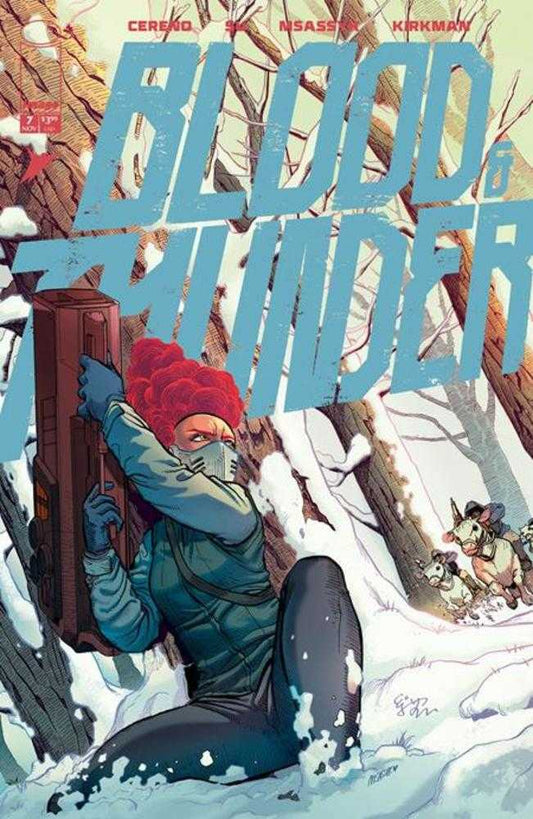 Comic book cover of 'Blood and Thunder' with a character in a snowy landscape.