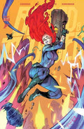Comic book cover with a character with red hair and a weapon, set against an orange and purple background.