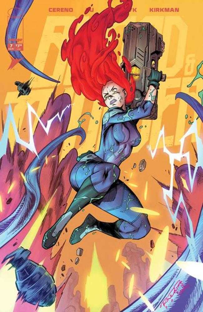 Comic book cover with a character with red hair and a weapon, set against an orange and purple background.