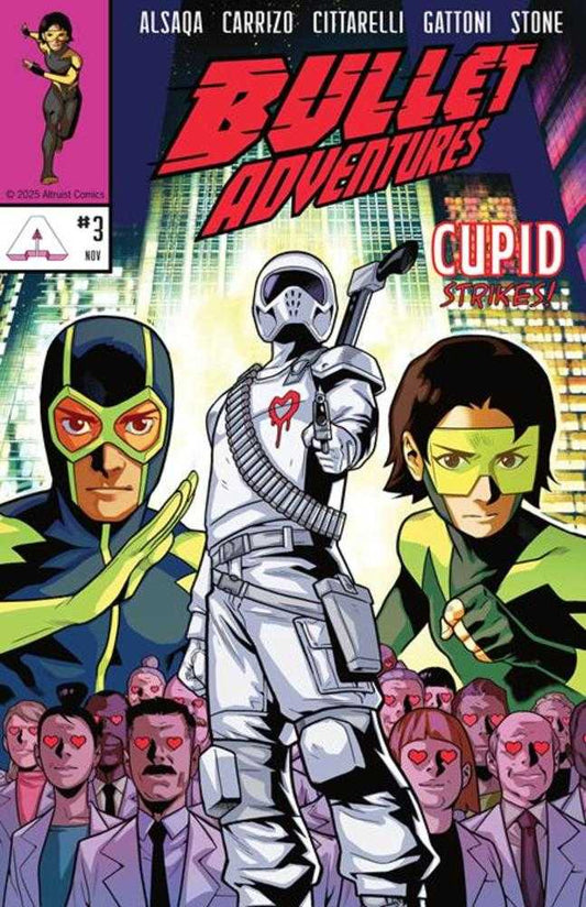 Comic book cover titled 'Bullet Adventures' featuring three characters in superhero costumes.