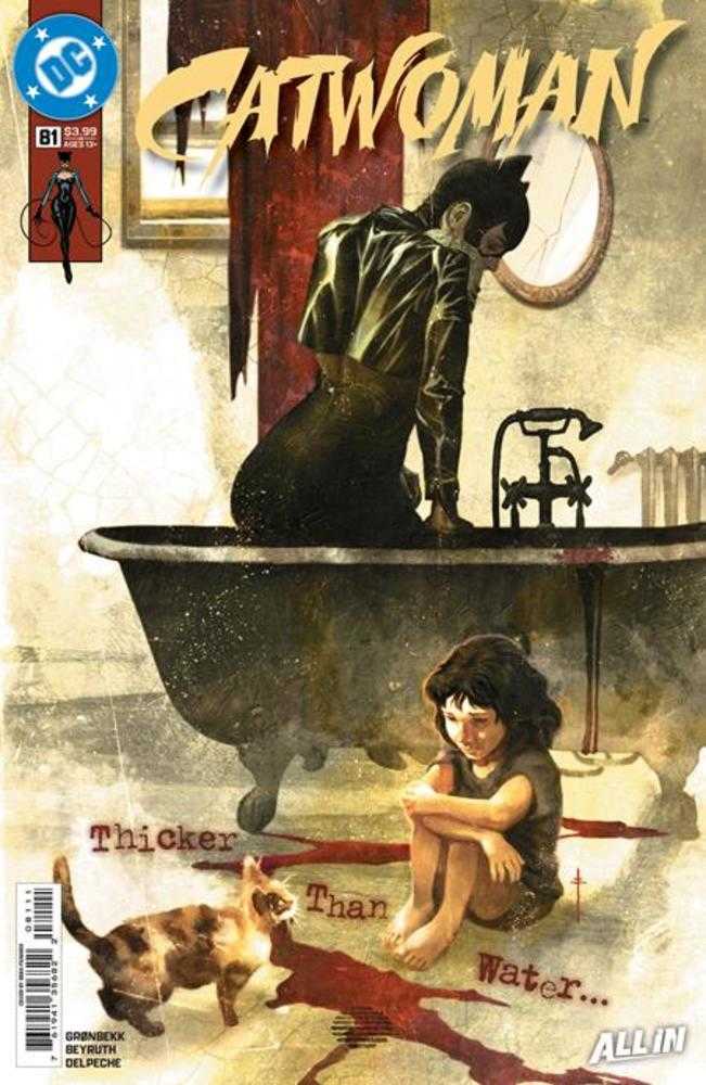 Comic book cover featuring a character in a bathtub with a child and cat, titled 'Catwoman'.