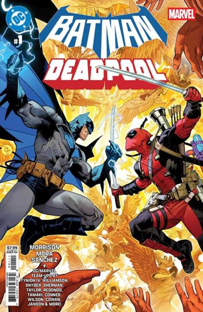 Comic book cover featuring Batman and Deadpool facing each other with dynamic poses.