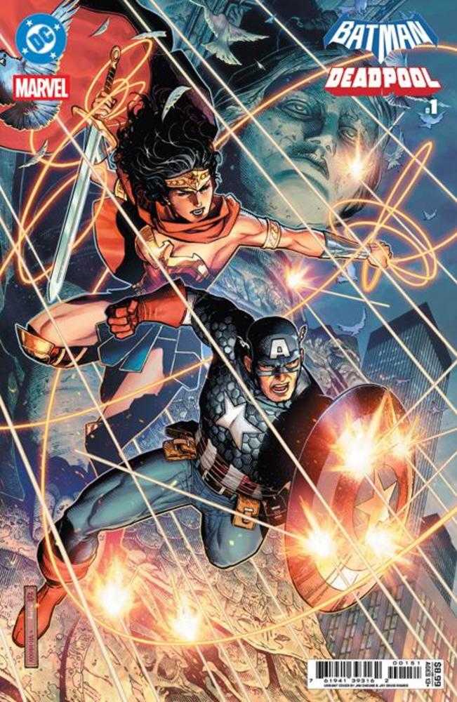 Comic book cover featuring Wonder Woman and Captain America with superhero elements.