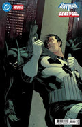 Comic book cover featuring Batman and Deadpool with a cityscape background.