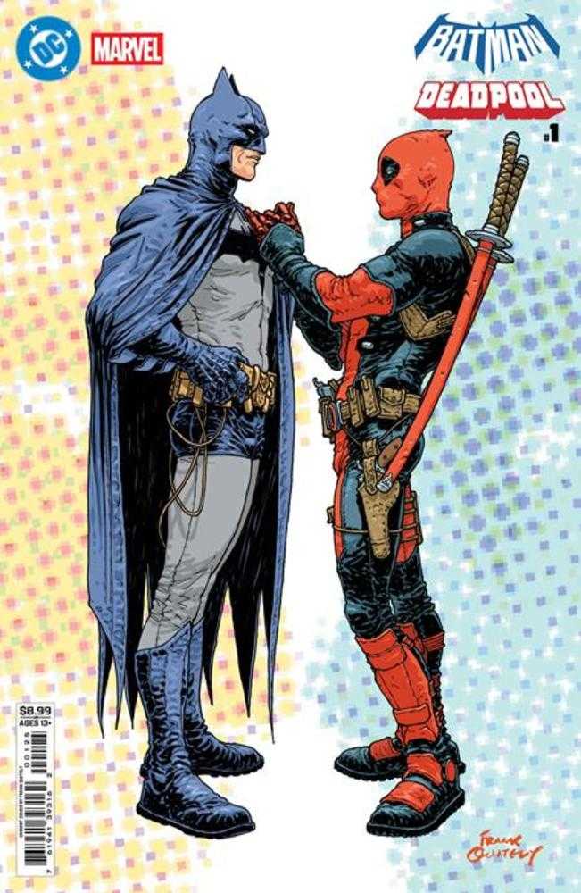 Comic book cover featuring Batman and Deadpool on a polka dot background