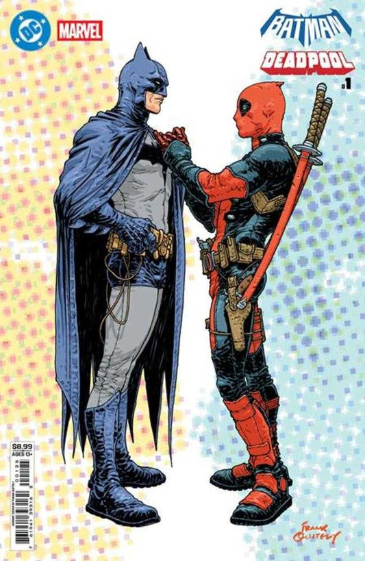 Comic book cover featuring Batman and Deadpool on a polka dot background