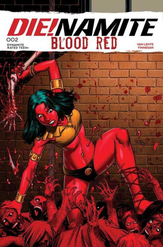 Comic book cover of 'Die! Namite: Blood Red' with a character in red and yellow against a brick wall.