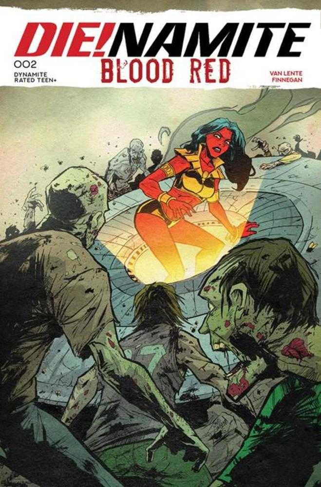 Comic book cover titled 'Blood Red' with a woman in a red dress and zombies, featuring the Dynamite logo.