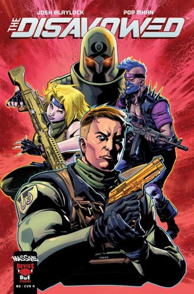 Comic book cover of 'The Disavowed' featuring four characters with weapons on a red background.
