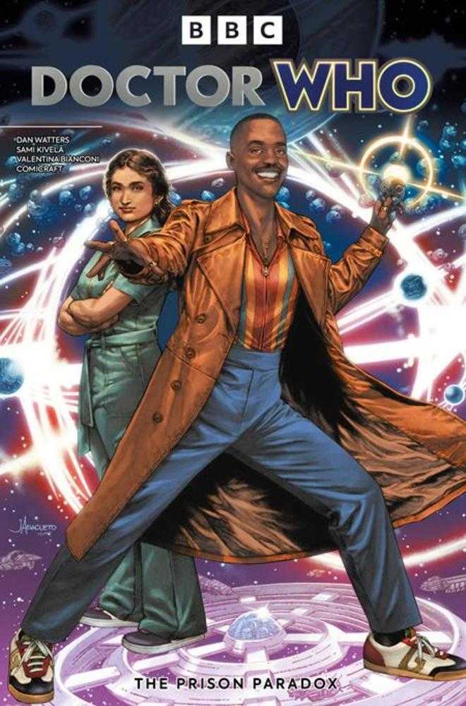 Comic book cover featuring two characters from 'Doctor Who' with a space-themed background.