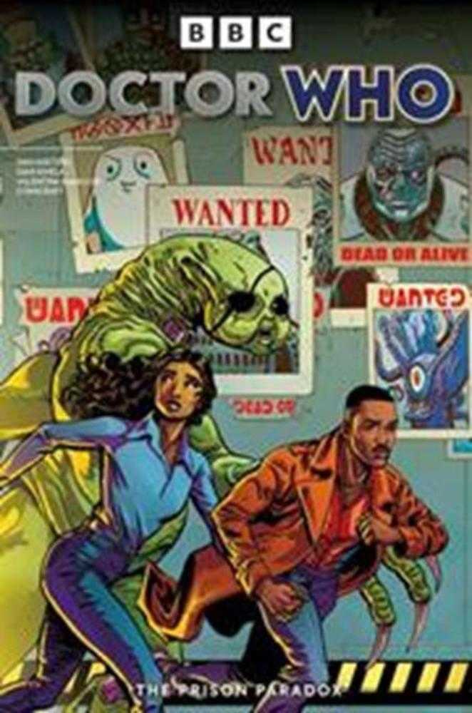 Poster for 'Doctor Who' featuring two characters and a wanted poster with a creature.