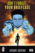 Comic book cover with a silhouette of a person holding a briefcase, surrounded by blue-skinned faces on a fiery background.