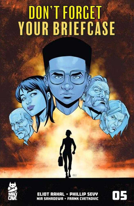 Comic book cover with a silhouette of a person holding a briefcase, surrounded by blue-skinned faces on a fiery background.