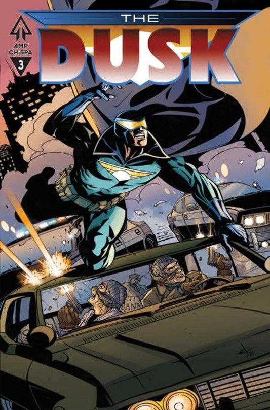 Comic book cover titled 'The Dusk' featuring a character on top of a car with a cityscape background.