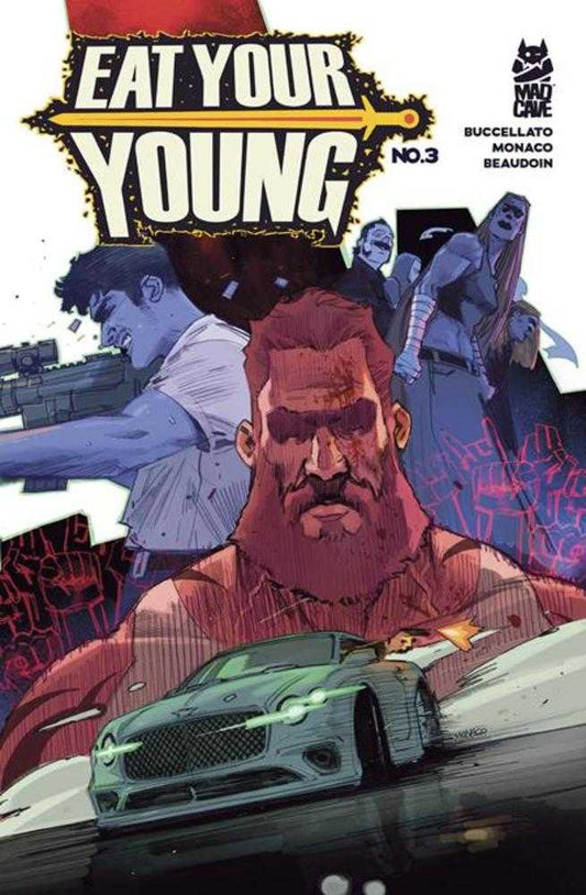 Comic book cover titled 'Eat Your Young' with characters and a car in the foreground.