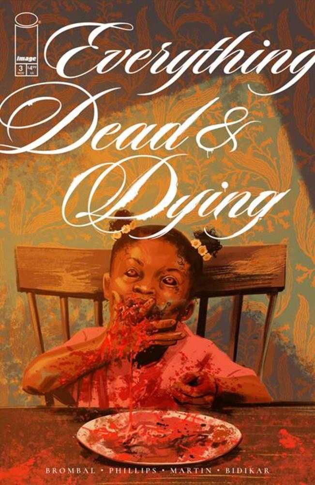 Book cover of 'Everything Dead & Dying' with a child at a table eating pizza.