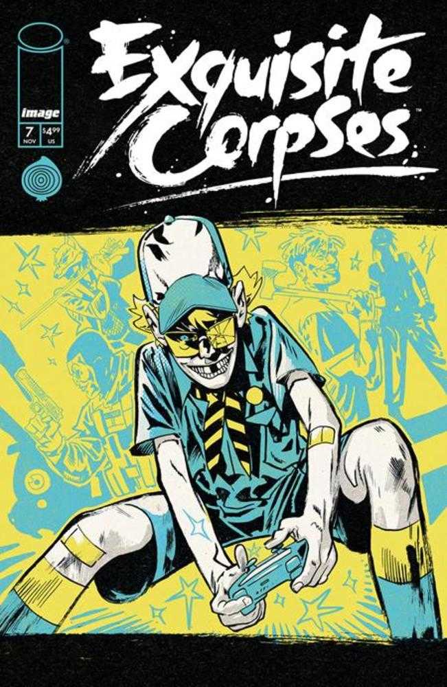 Comic book cover of 'Exquisite Corpses' with a character in a crouched position on a yellow and blue background.