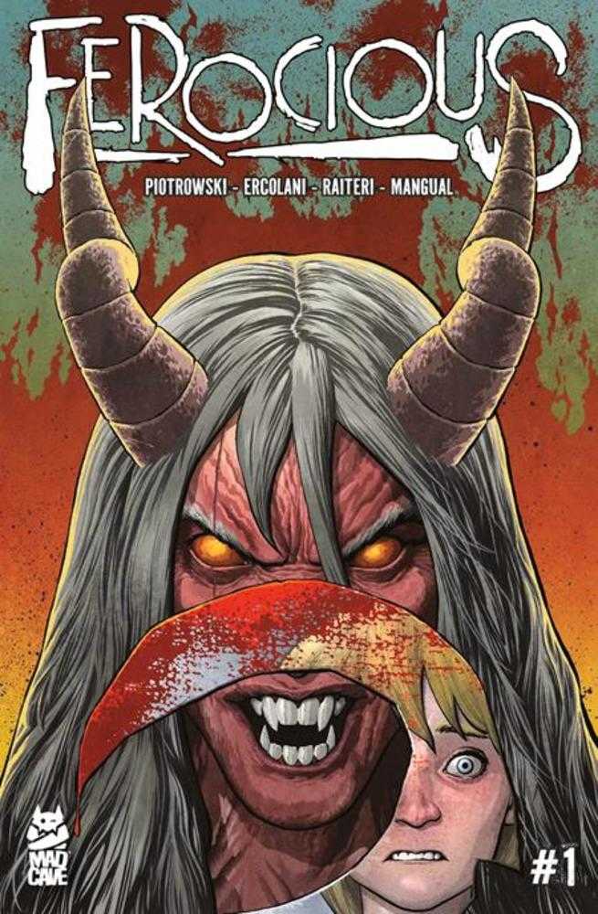Comic book cover of 'Ferocious' with a character with horns and a woman's face.