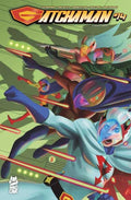 Comic book cover featuring a superhero character with a colorful design