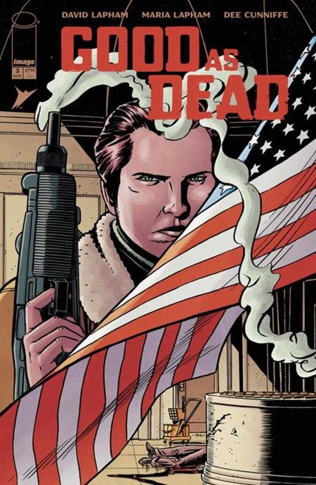 Comic book cover titled 'Good as Dead' with a character holding a gun and an American flag.