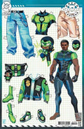 Paper doll set with superhero costume and accessories on a grid background