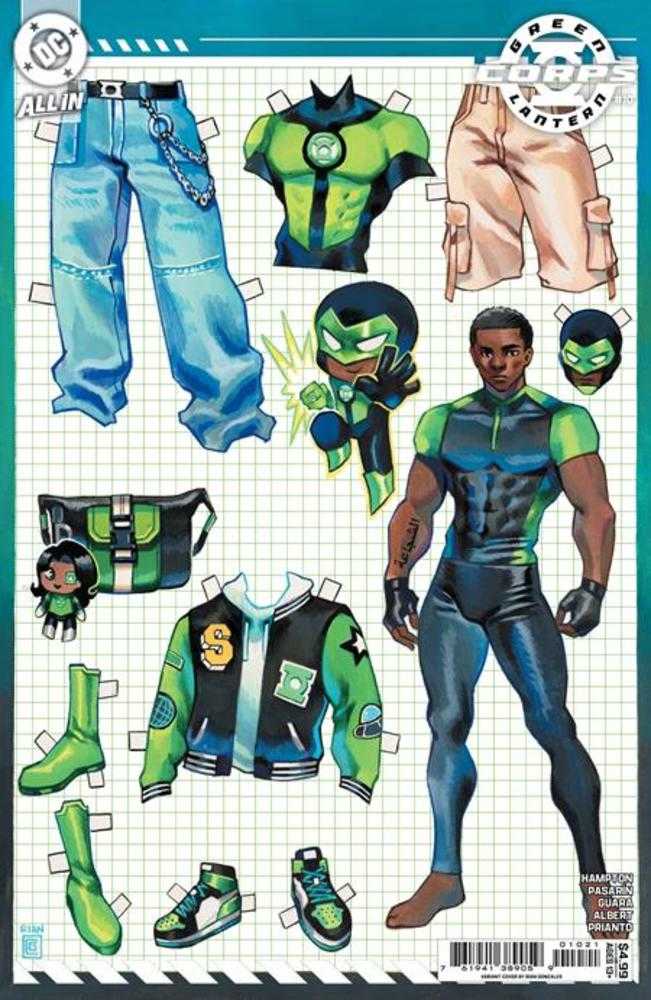 Paper doll set with superhero costume and accessories on a grid background
