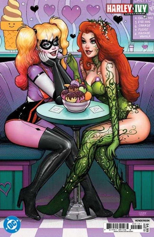 Comic book cover featuring two characters sitting at a table with a cupcake, in a stylized setting.