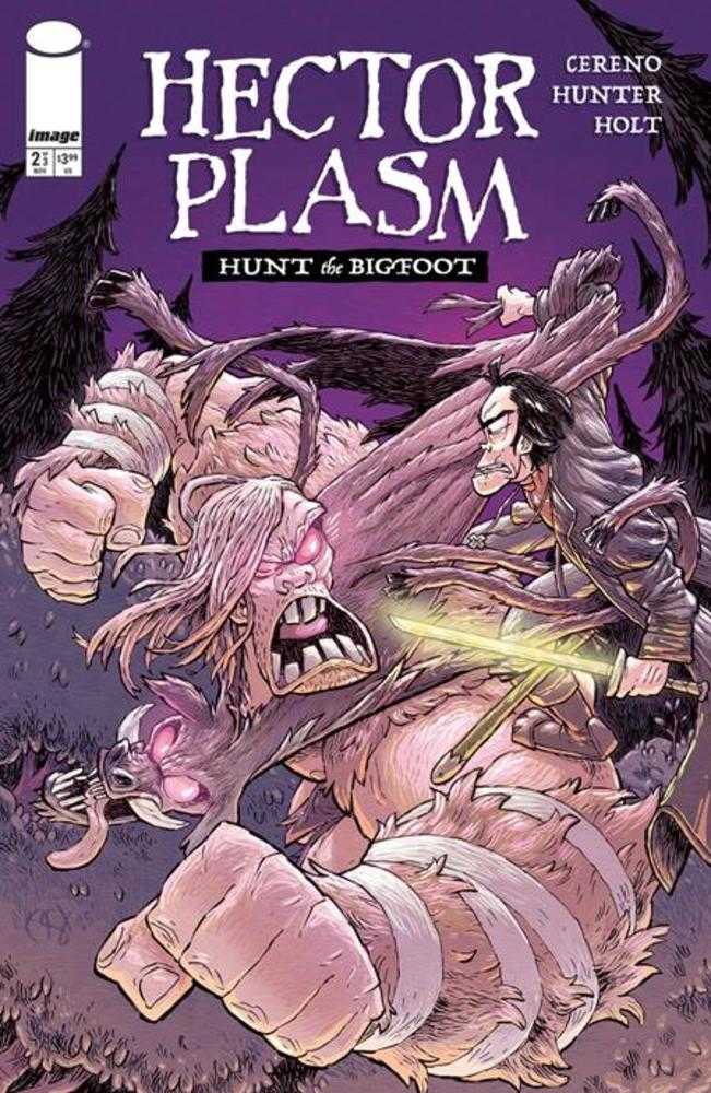 Comic book cover featuring a creature and a person with the title 'Hector Plasm' and 'Hunt the Bigfoot'.