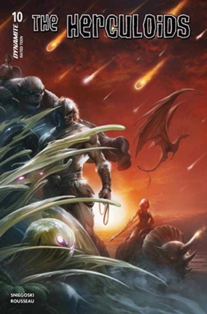 Comic book cover of 'The Herculoids' with a warrior and creature against a fiery sky.