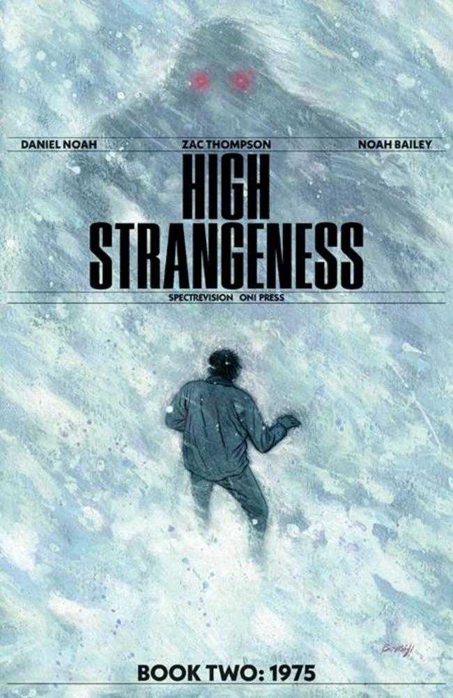 Book cover of 'High Strangeness' with a figure looking up at a large, shadowy figure with glowing eyes.