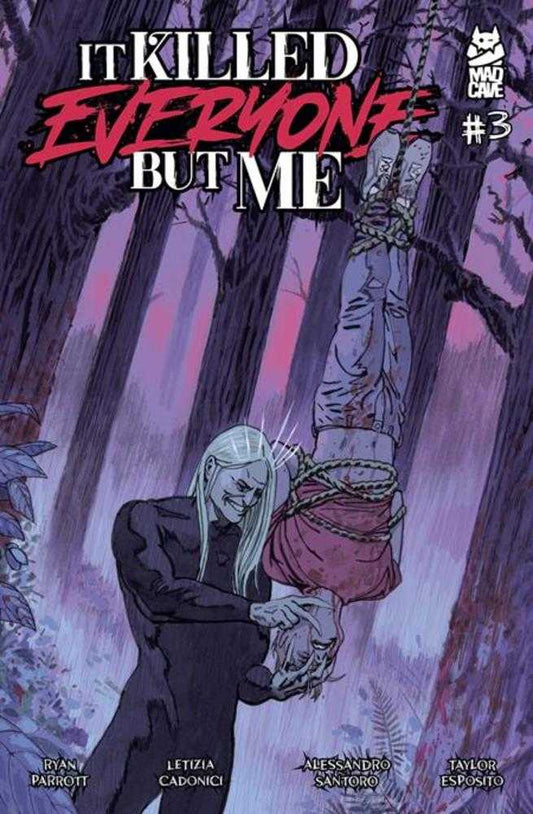 Comic book cover of 'It Killed Everyone But Me' with a dark forest background.