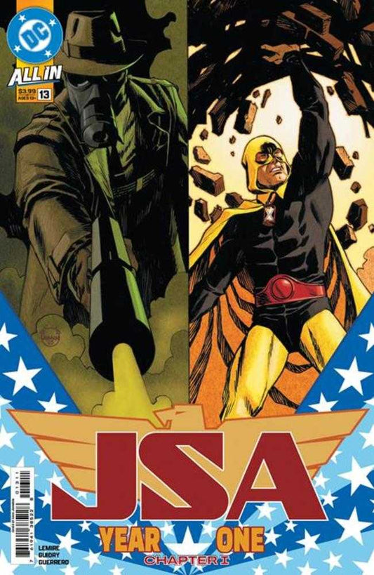 Comic book cover featuring two characters in a split layout with 'JSA Year One' title.