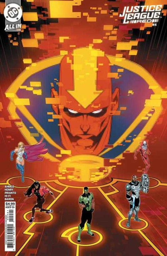 Comic book cover featuring superhero characters with a digital logo in the background